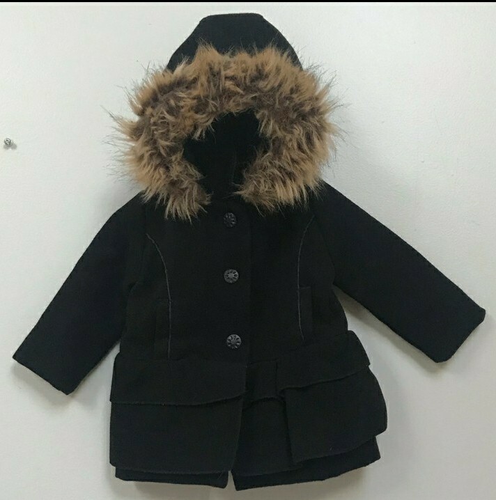 Abrigo de vestir SEBBY niñas NEGRO suave imitación lana talla 4 ribete de piel capucha extraíble