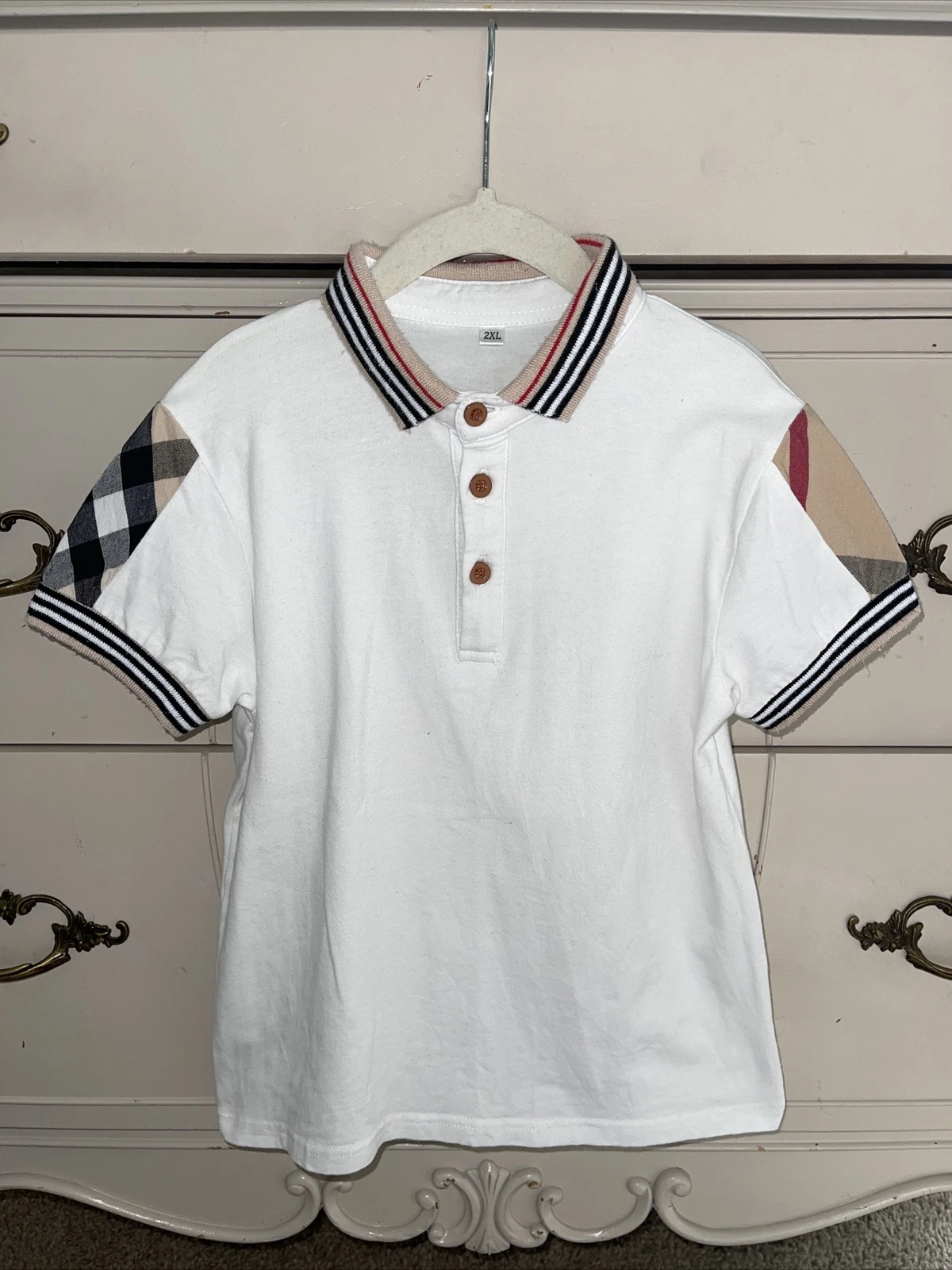 White Nova Check Designer Alike Short Sleeve Collared Polo Shirt Top Boy Size 5