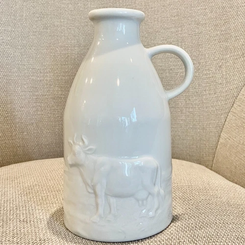 Vintage Pottery Barn Japan Ceramic Milk Jug Bottle Embossed Cow Rustic Farmhouse