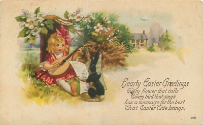 Antique DB Easter Postcard J491 Girl Child Playing Mandolin Rabbit Bunny Reading