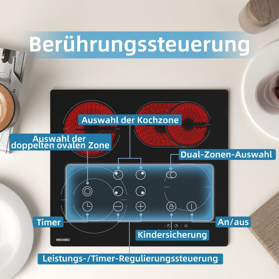 Elektrisch Glaskeramik Kochfeld Autark 59 cm 7200W 4 Zonen 9 Stufen Bräterzone 