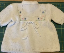 Vintage 80's Infant or Baby Doll Dress Knit White w/ Dainty Flower Accents