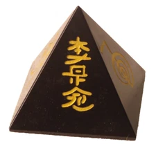 Black Tourmaline Pyramid Gold Engraved Symbols Reiki 70MM