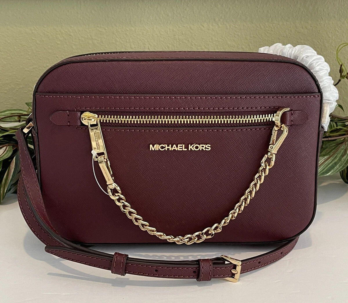 MICHAEL KORS JET SET LARGE ZIP CHAIN CROSSBODY BAG TOTE MK MERLOT