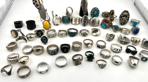 925 Sterling silver jewelry lot of 58 rings vintage wear total 500 grams #123