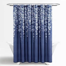 Shower Curtain 72-inch Navy Light Blue White Floral Vines Flowers Cotton