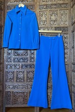 Vintage 1970s Electric Blue Studded 2 Piece Poly Suit Jacket Pants