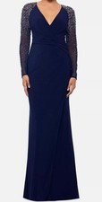 Betsy  Adam Women's Blue Mesh-Sleeve V-Neck Evening Dress Petite Size 8P
