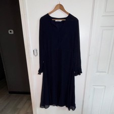 ASTR The Label Navy Blue Chiffon Ruffle Long Sleeve V-Neck Midi Dress Size L