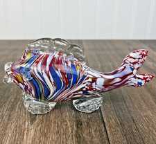 Vintage Hand Blown Colorful Swirl Art Glass Fish Murano Style 7" Paperweight
