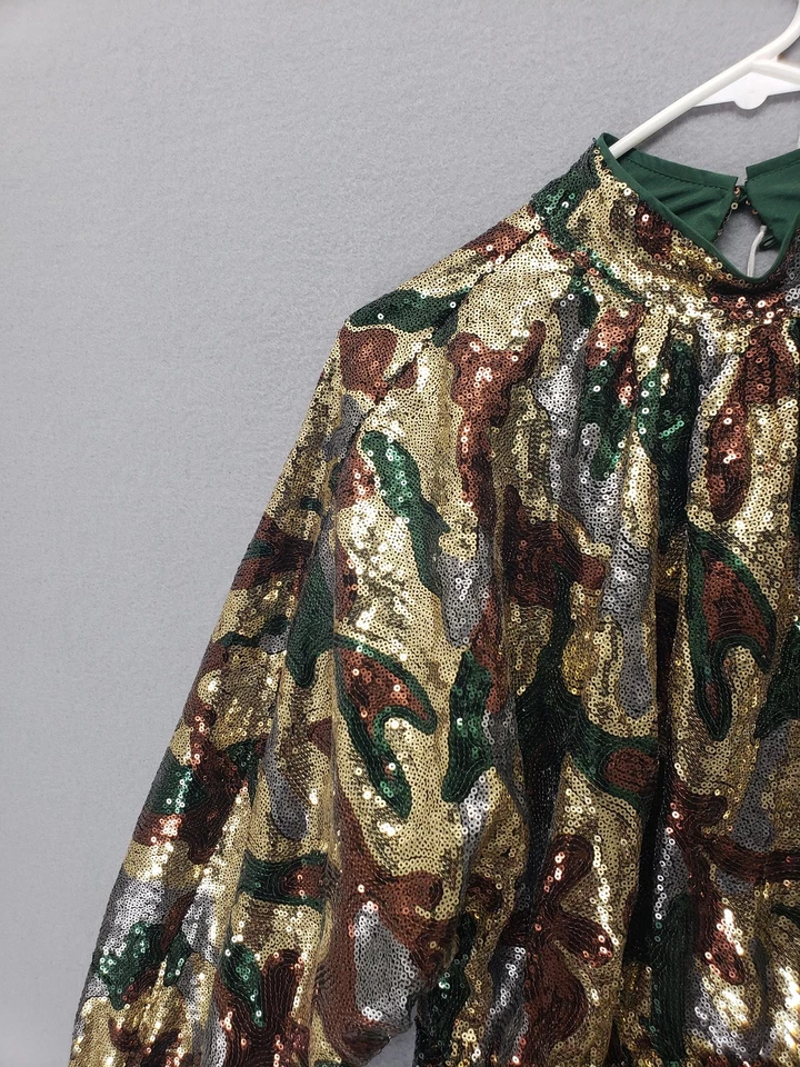 ASOS Dress Women 8 Gold Sequin Metallic Camo Mini Long Sleeve Party Chic Cocktai - Image 2 of 4