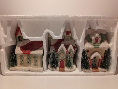 Ceramic Christmas Village Houses. Set of 3 Tealight Houses