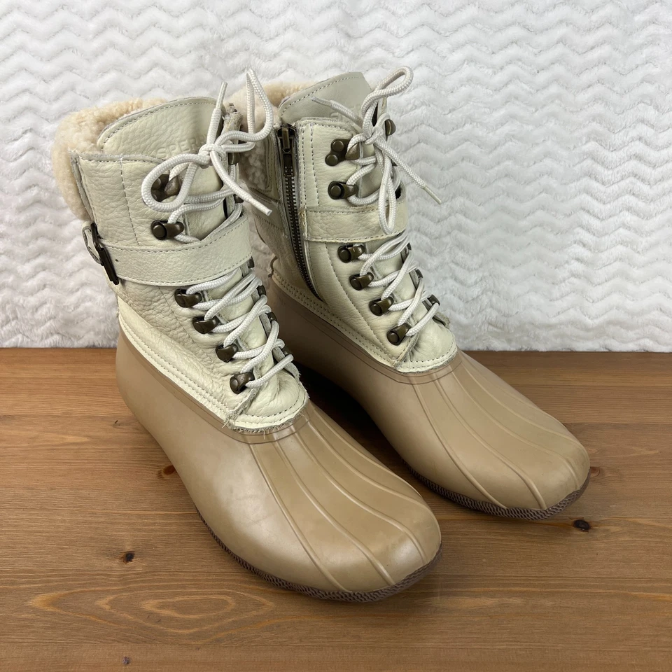 Sperry Shearwater Womens Leather Buckle Duck Boots Tan Beige Sherpa Lined Sz 10M - Image 3 of 4