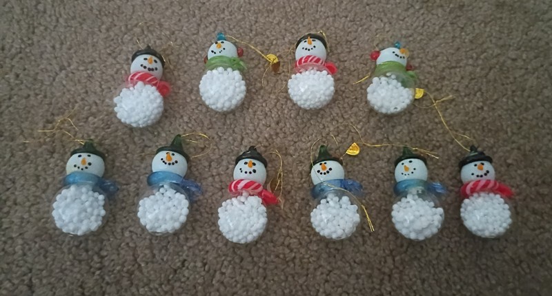 Vintage Set Of 10 Miniature Blown Glass Snowman Snowglobe Ornaments
