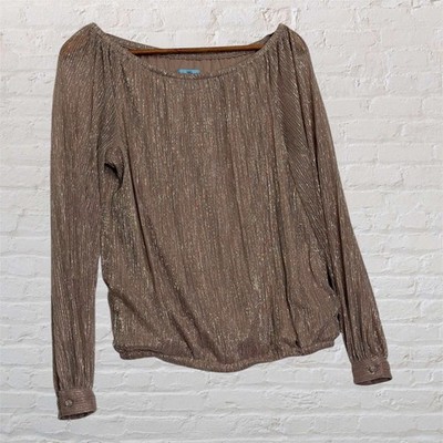 CeCe Metallic Pleated Long Sleeve Bubble Hem Blouse Rose Gold Size M