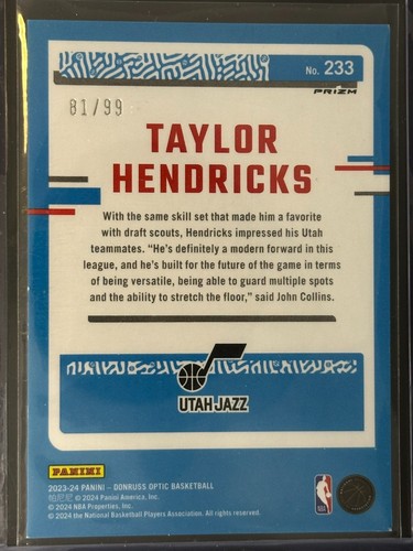 2023-24 Donruss Optic Taylor Hendricks #233 Fast Break Purple (RC) /99 - Bild 2 von 2