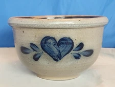 Vintage Rowe Pottery Works Mixing Bowl Blue Heart Salt Glazed 8 1/2” Rim