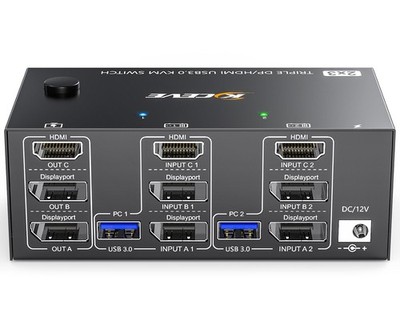 Triple Monitor KVM Switch 3 Monitors 2 Computers 8K60Hz 4K144Hz,HDMI+2 Displa...