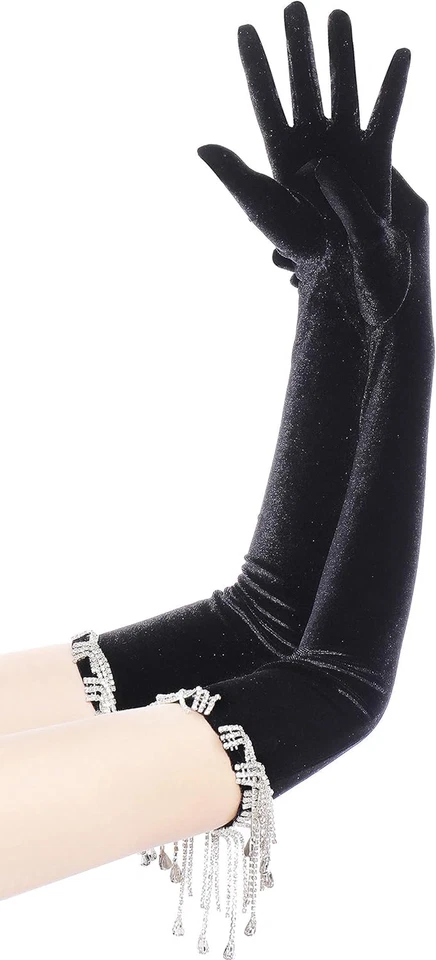 Guantes Largos de Fiesta de Ópera Años 20 Aleta Gatsby Accesorios Terciopelo Elástico Codo Glo Foto 2 de 4