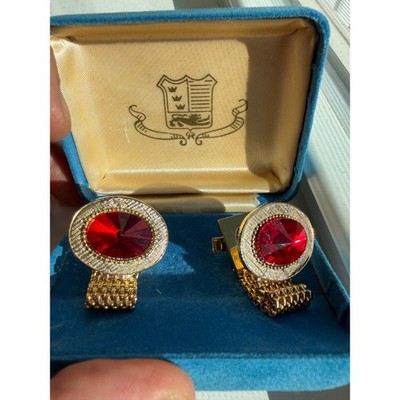 Vintage SWANK Mid-Century Gold Mesh Wrap-Around Cufflinks - Ruby Red