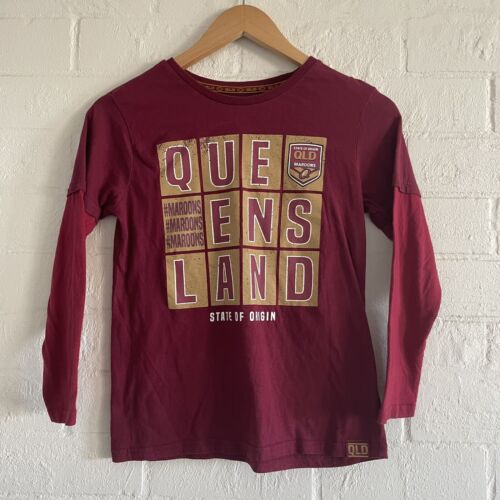QLD State Of Origin Youth Size 10 Maroon T Shirt Long Sleeve Maroon Logo - Picture 1 of 8