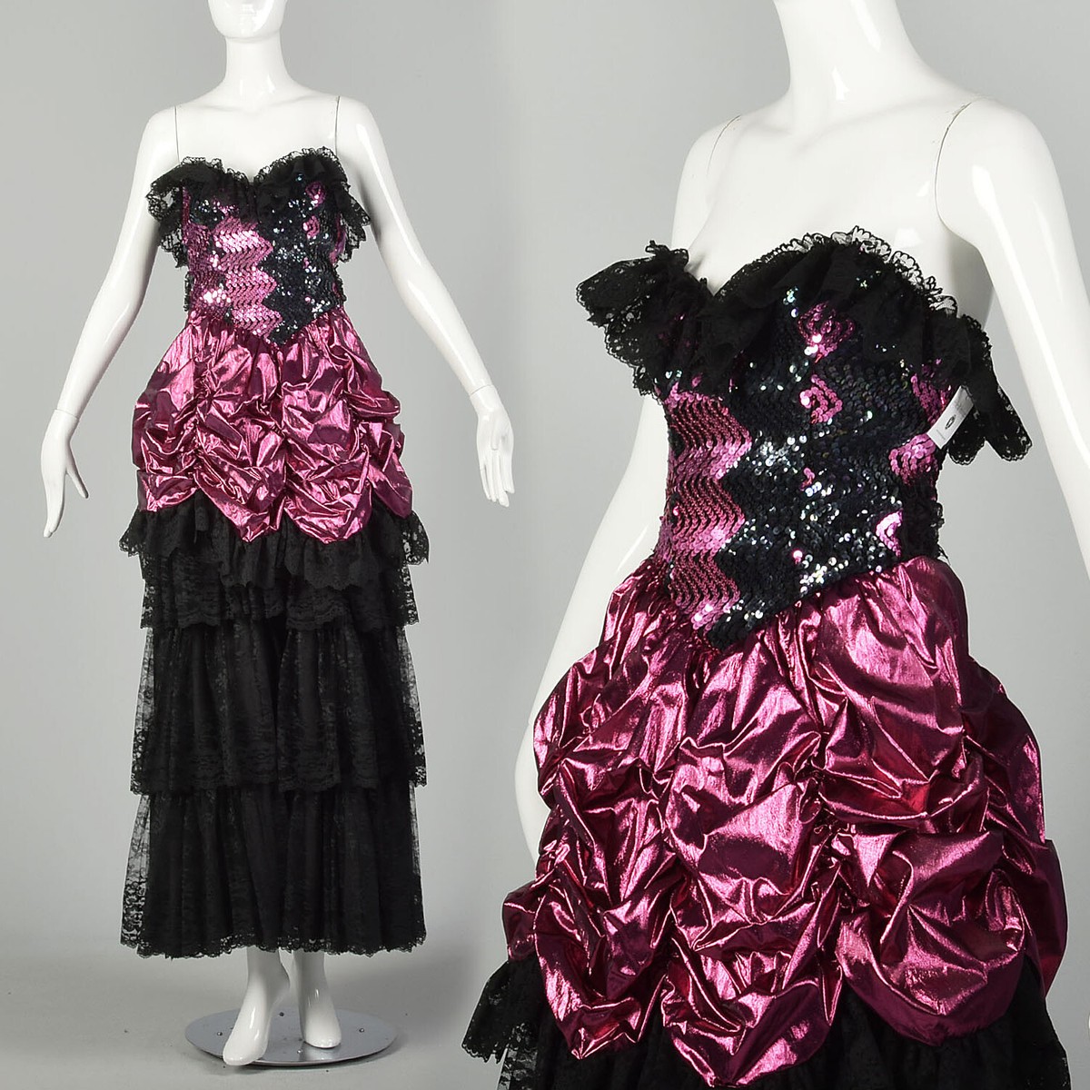 1980s Pink Prom Dress Saloon Girl Lame Gown Black Lace Sequin Strapless VTG  80s | eBay