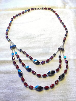 Collier Perles Hématite Et Pierres Rouges - Occasion - Perle De Tahiti - Bijou Unique