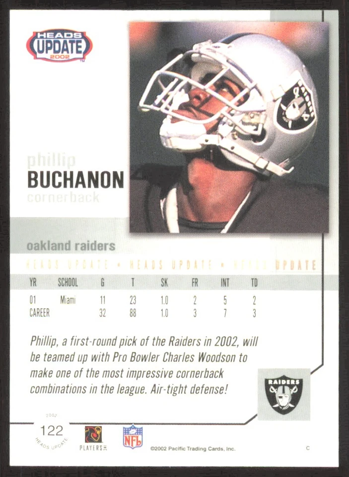 2002 Pacific Heads Update Phillip Buchanon Rookie #122 - Image 2 of 2