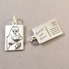 .925 Sterling Silver GREETINGS FROM MAINE POSTCARD CHARM Map 925 PC-ME