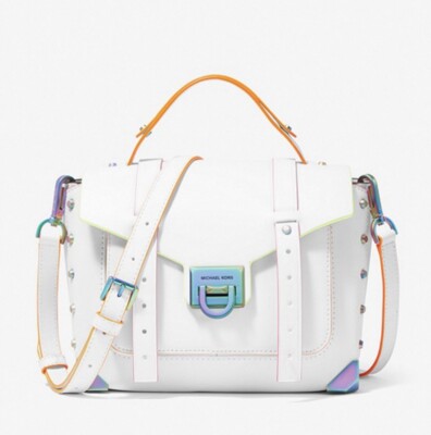   Michael Kors Manhattan MEDIUM Contrast Trim Leather Satchel Optic White