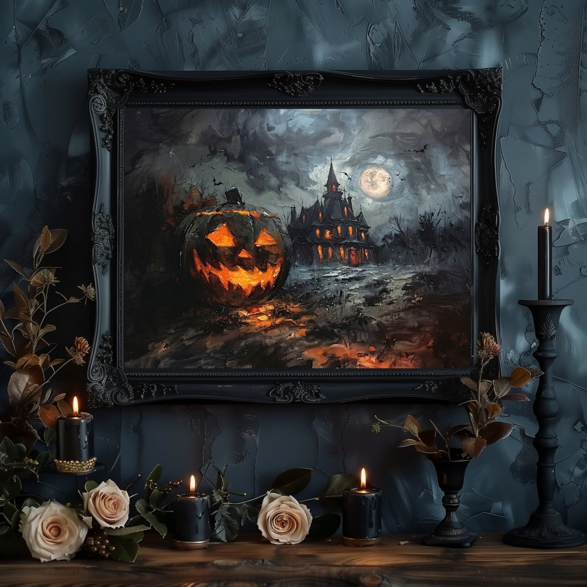 Haunted House with Halloween Pumpkin at Full Moon Night - Gothic
