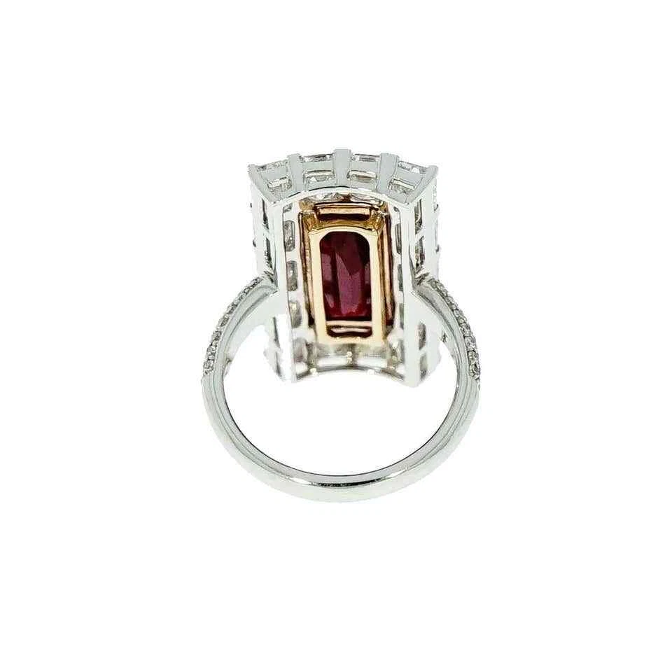12 CT Red Ruby Emerald Cut & White CZ Round Cut 925 Silver Women's Cocktail Ring - Image 3 of 4