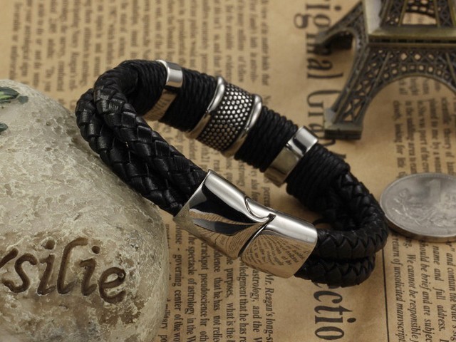 Black Leather Bracelet Men Jewelry Stainless Steel... - Grandado
