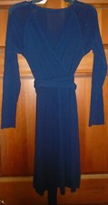VINTAGE NAVY V NECK A LINE SHEER LONG SLEEVE DRESS WOMEN'S SIZE M