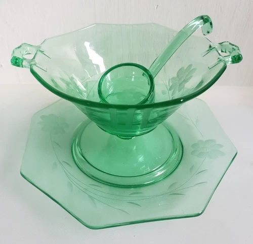 Vintage Green Uranium Glass Mayonnaise Set W/Ladle Bowl Underplate Floral Etched