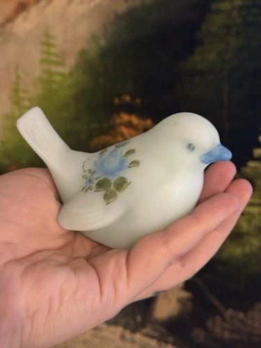 Vintage Fenton Blue Satin Art Glass Songbird Figurine Hand Painted Artist Signed