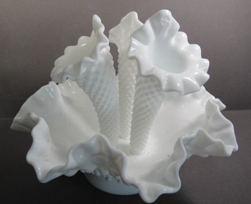 Fenton Epergne White Milk Glass Hobnail 3 Horn Ruffled Vintage 8" x 6" NO Damage