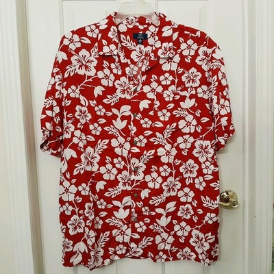 Mens Button Down Camp Shirt Red Floral Hawaiian Colorful Rayon Size XL 46-48 NWT