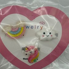 Kids Unicorn Rainbow Cloud Rings Adjustable Jewelry Set 3 Piece