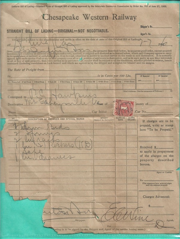 Chesapeake Western Railway 1916 Bill Lading Revenue Stamp Tied IRS Documentary