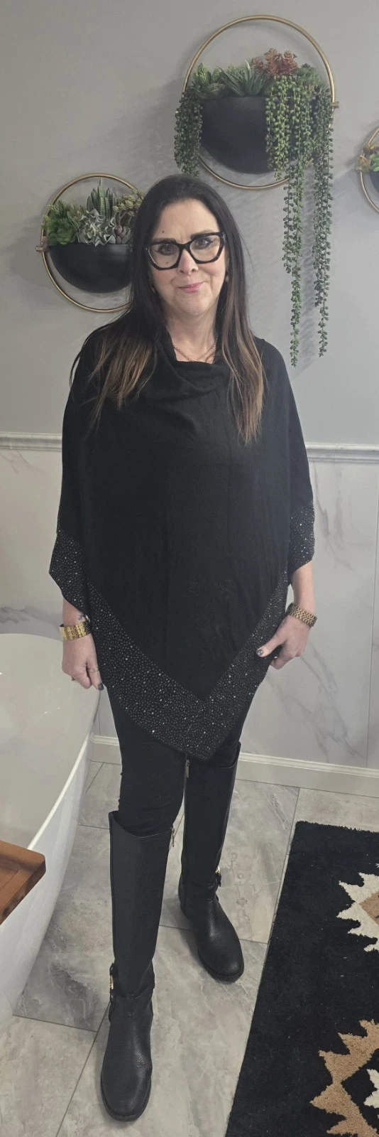 La Fiorentina Black Cape/Poncho W Rhinestone Trim-OS Super Soft & Stretchy