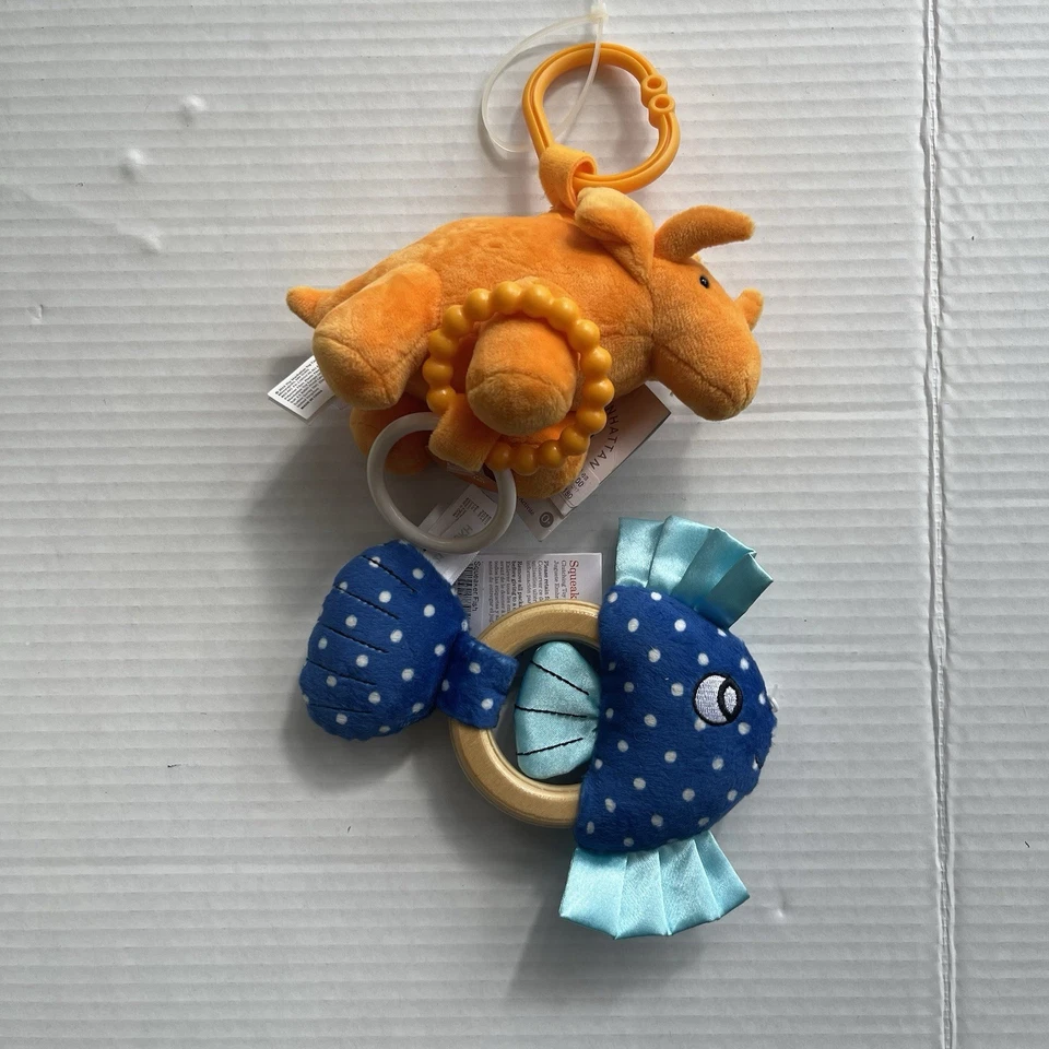 Manhattan Co. Squeaker Fish Teether Rattle + Rhinoceros Wiggle Baby Toys Age 3m - Image 2 of 4