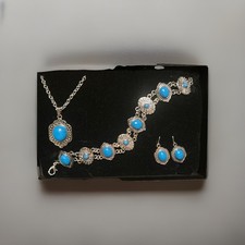 Turquoise Jewelry Set Silver Earrings, Bracelet, Necklace - Costume.