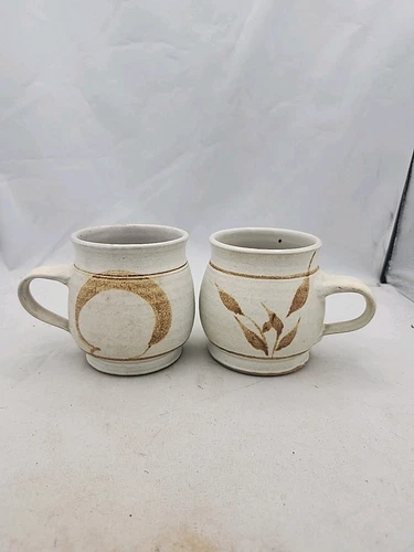 2 Stoneware Studio Pottery Coffee Cup Mug Earthtone Set Lot Speckle Handmade
