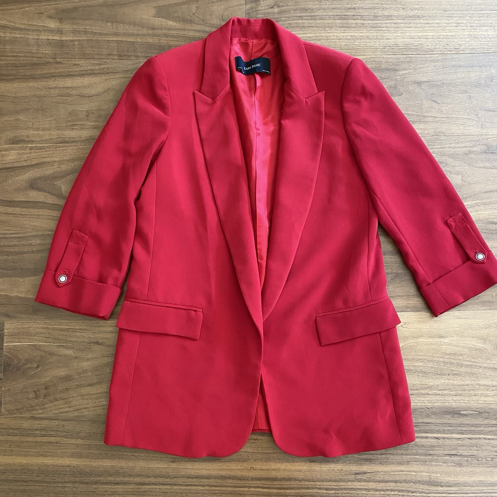 Zara Basic Women’s Red Longline Blazer Jacket Size M 3/4 Sleeve Open Front