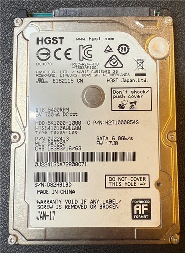 HGST, 1TB, 5K1000-1000, HTS541010A9E680, S/N: D82HB1BD, SATA HDD