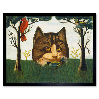 Vögel Bäume Surreal Amerikanisch Die Katze Naiv Gemälde Kunstdruck Gerahmt 12x16