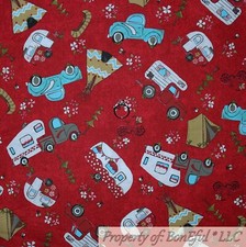 BonEful FABRIC FQ Cotton Quilt VTG Red Travel Trailer Camper Truck Teepee Cabin