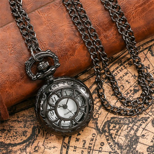 Antique Black Hollow Out Flower Case Small Quartz Pocket Watch for Men Women - Picture 2 of 10