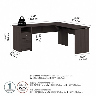 Cabot 72W 3 Position Sit to Stand L Desk in Heather Gray - Engineered Wood
